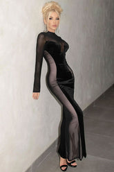 Robe longue transparente en velours à manches longues et empiècement en maille - Noir